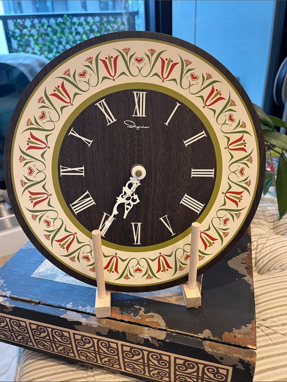 Vintage Ingraham Faux Wood Grain Floral Wall Clock
